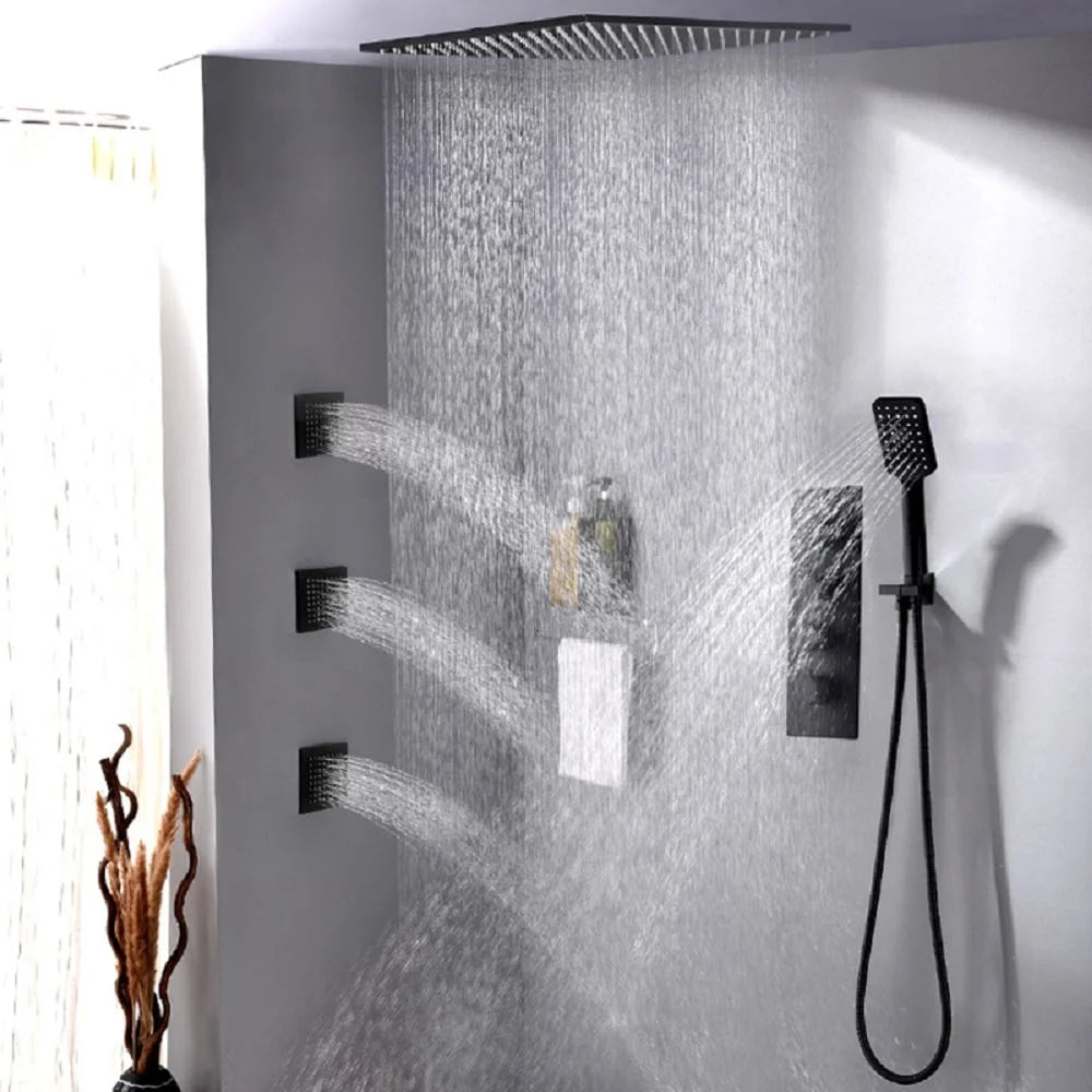 20'' Thermostatic Black Shower System with Hand Shower and 3 Body Jets H74025