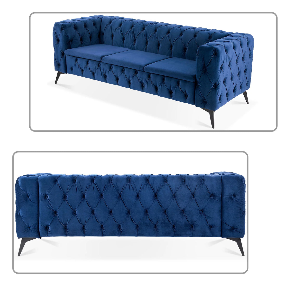 Peacock Blue Velvet Upholstered Three-seat Sofa with Metal Legs G25095