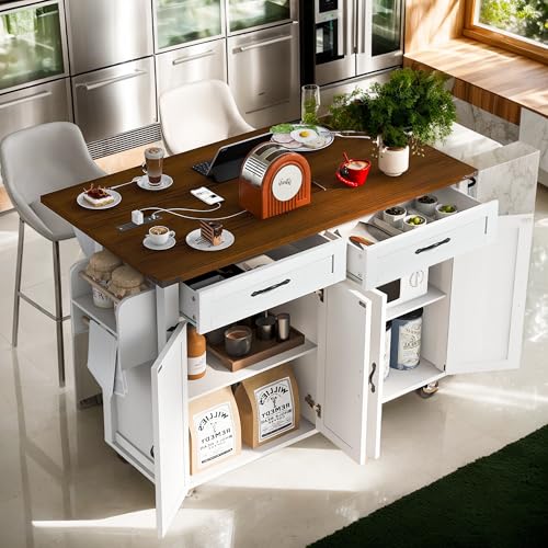 White Kitchen Island with Drop Leaf, 2 Drawers, Power Outlet, Spice Rack, Rolling Cart on Wheels E39740