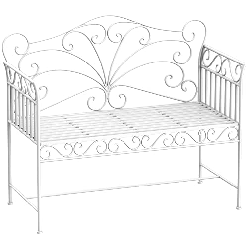Cream White Metal Garden Bench with Armrests U594705