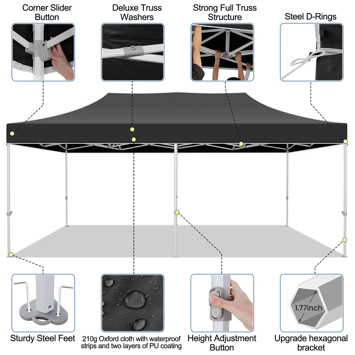 10'x20' Pop Up Canopy Tent with 3 Heights Adjustable, Black D34175