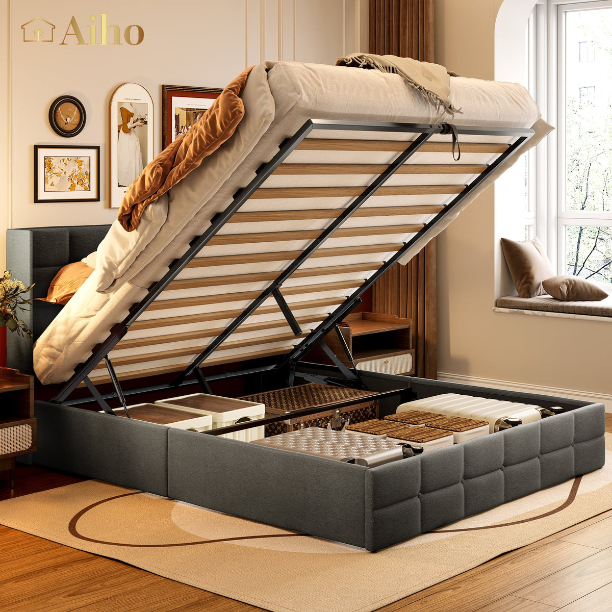 Queen Size Lift Up Storage Bed with Wingback Headboard N3638