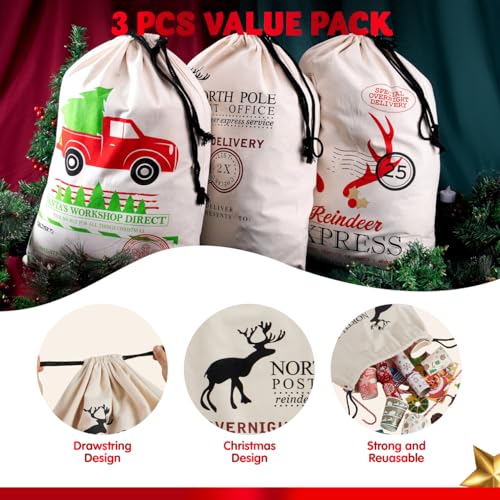 3 PCS Christmas Canvas Drawstring Gift Bag O99312