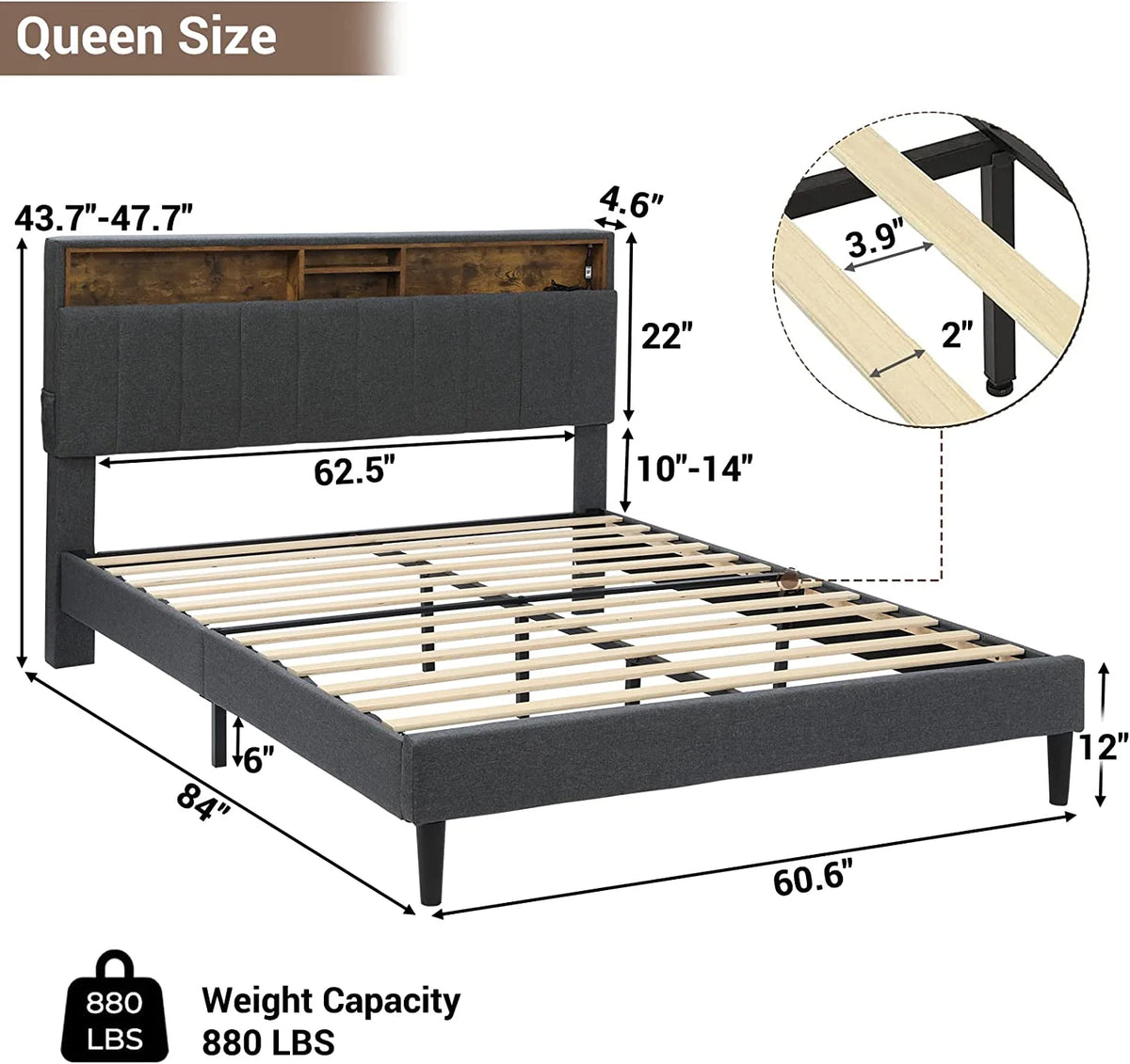 Queen Platform Bed Frame with LED Lights Headboard & USB Ports, Dark Grey H1150