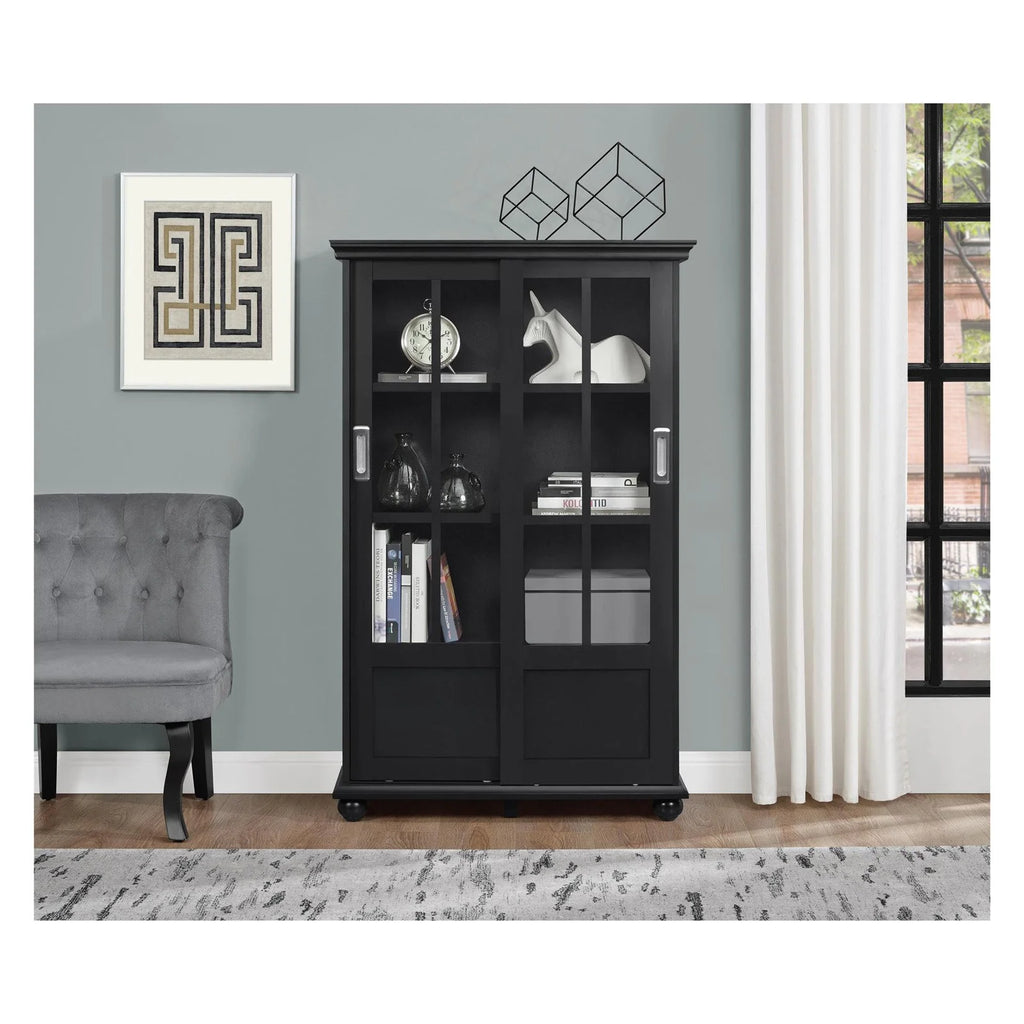 Black Bookcase with Sliding Glass Doors A406