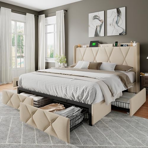 Light Grey Twin Upholstered Platform Bed Frame with 3 Storage Drawers L85208