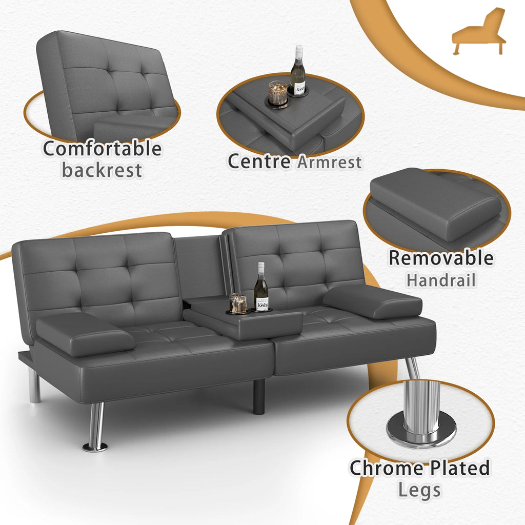 Faux Leather Convertible Futon Sofa Bed with 2 Cup Holders P9291