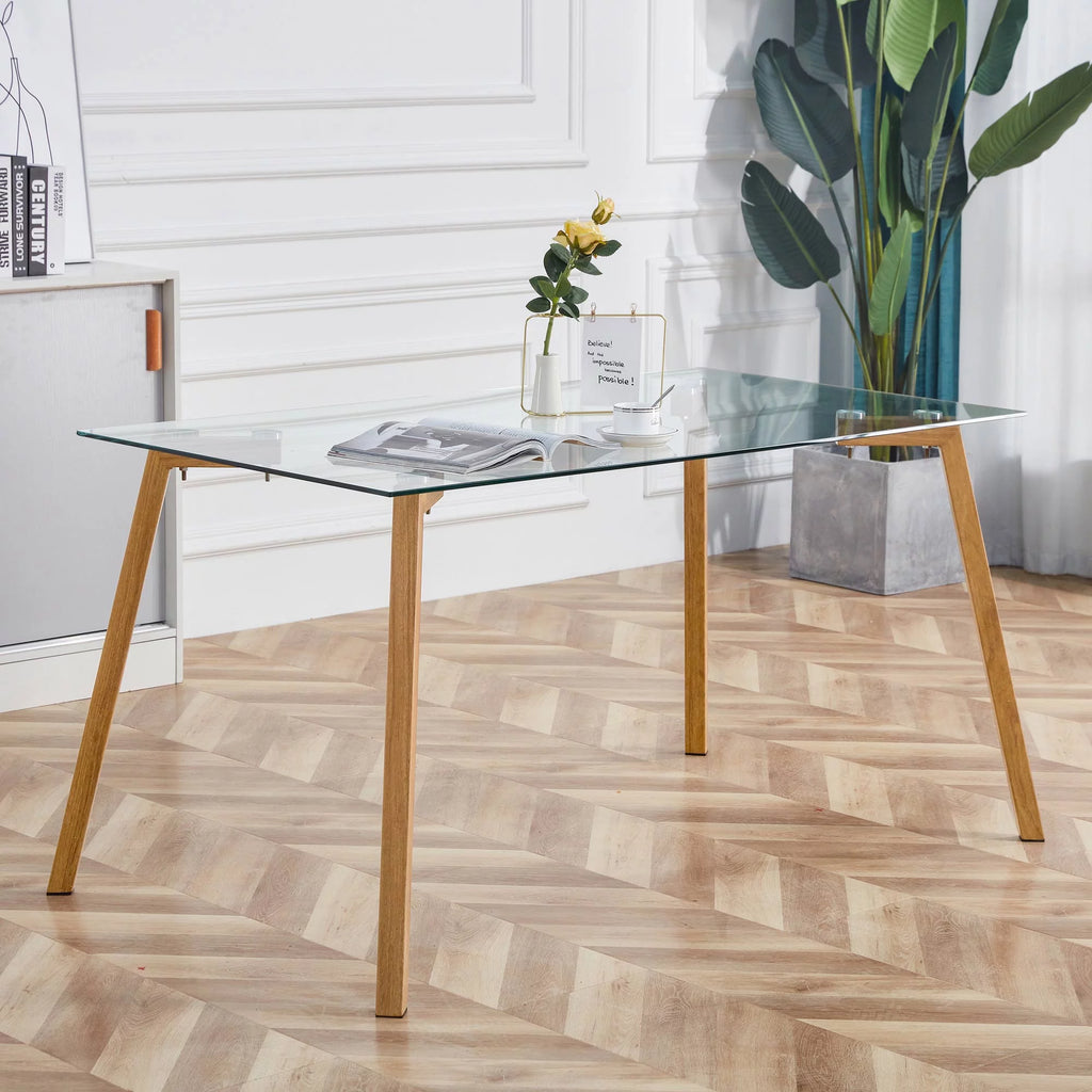 Glass Dining Table Modern Rectangular with Tempered Glass Tabletop and Black Metal Legs Q60635