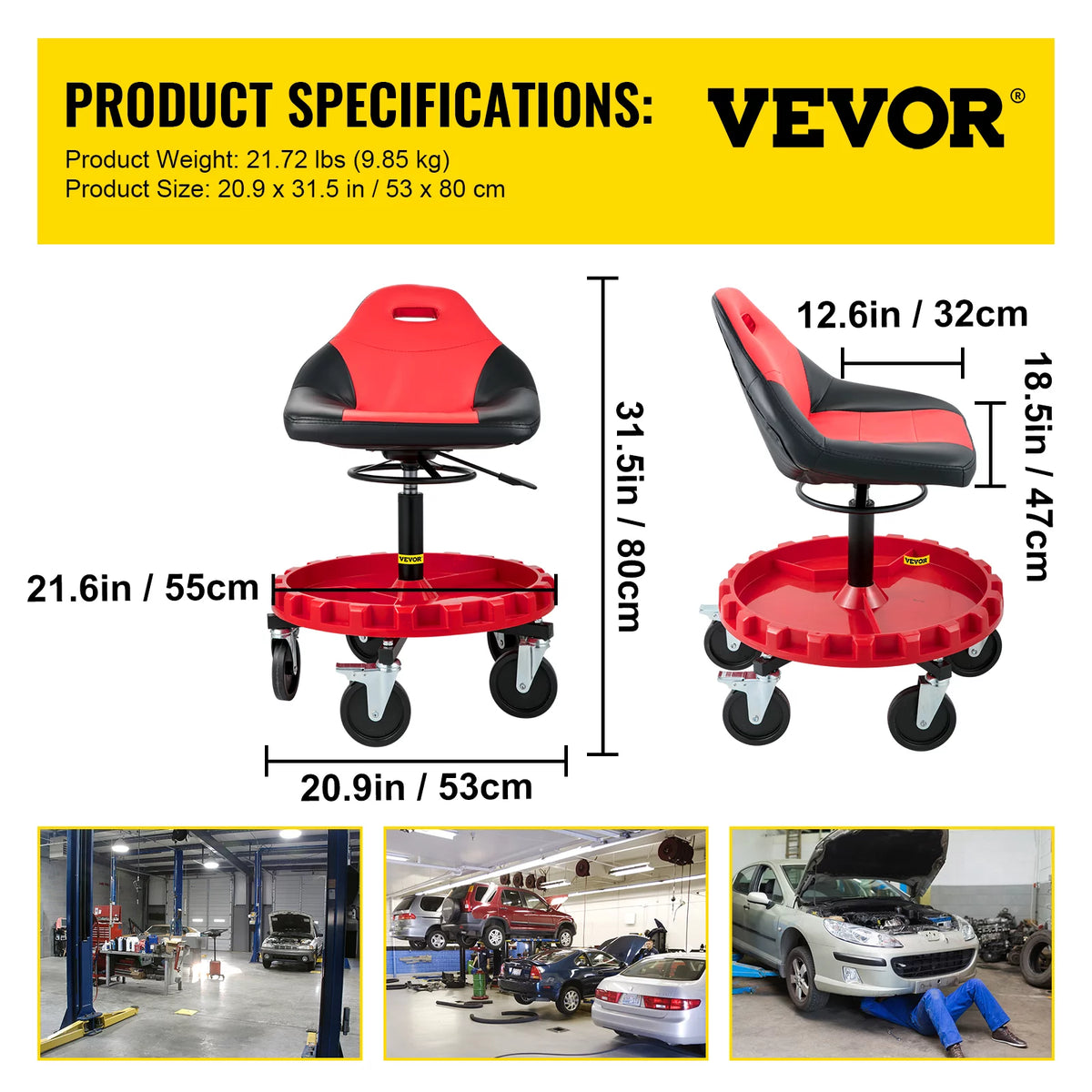 Rolling Garage Stool, 300lbs Capacity, Adjustable Height, Swivel Wheels, Tool Tray, Red U514863