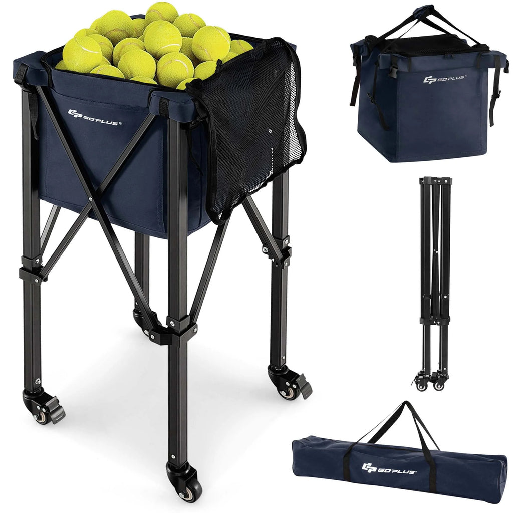 Foldable Tennis Ball Hopper Basket with Wheels & Bag Blue U742