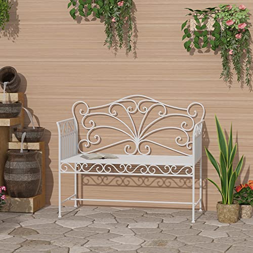 Cream White Metal Garden Bench with Armrests U594705