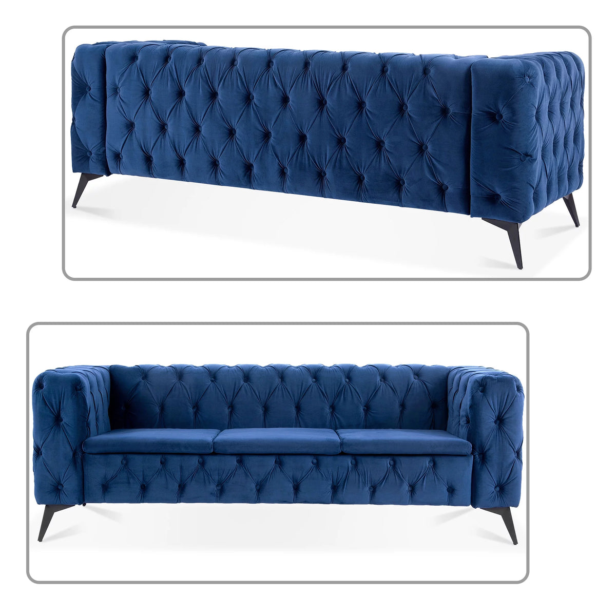 Peacock Blue Velvet Upholstered Three-seat Sofa with Metal Legs G25095