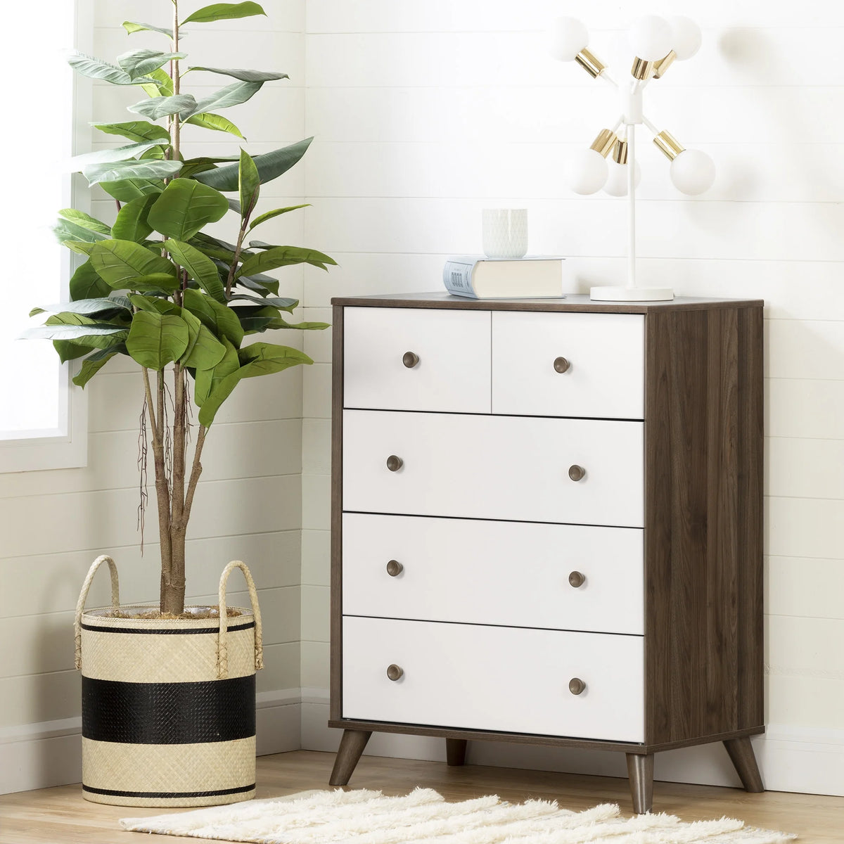Natural Walnut and White 5-Drawer Dresser S910