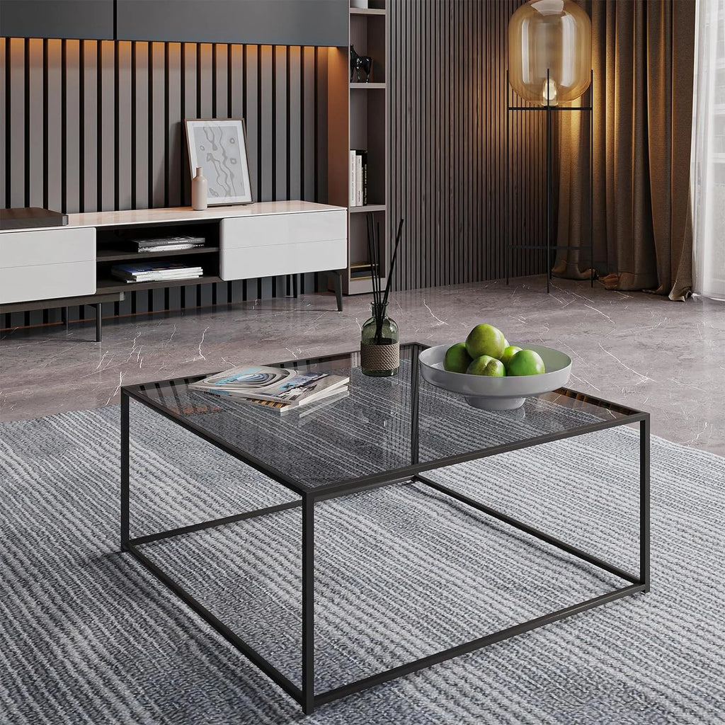 Square Glass Coffee Tables 26.7 x 26.7 x 15.7 Inches Gray Black H1336
