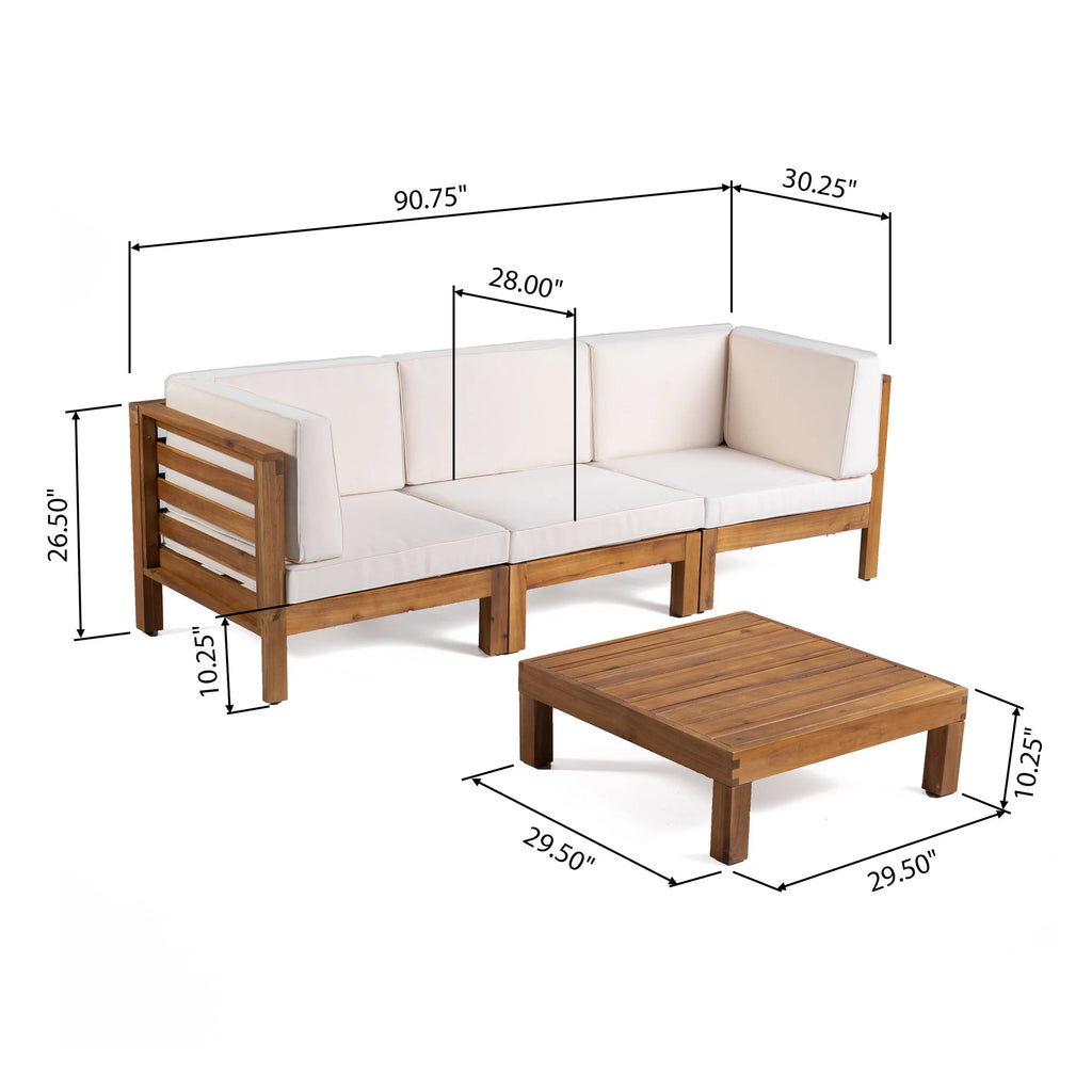 Beige and Teak Acacia Wood Sofa and Table Set T220