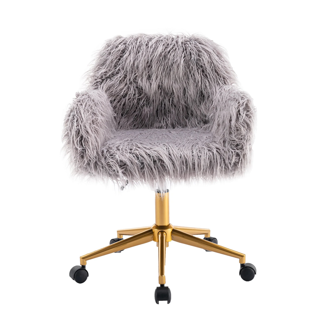 Gray Faux Fur Upholstered Swivel Vanity Chair O4386