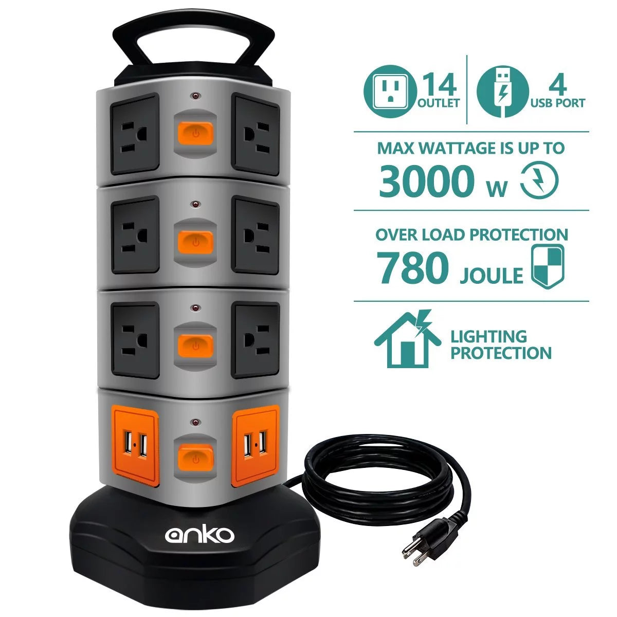 3000W 14 Outlet 4 USB Power Strip Tower G14977