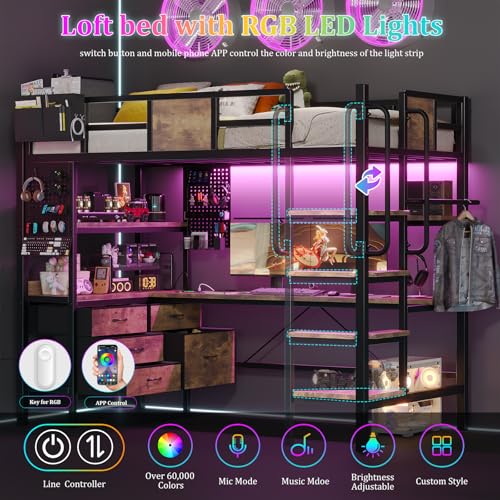 Twin Size Loft Bed with Desk and 5 Storage Drawer Cabinets O430171