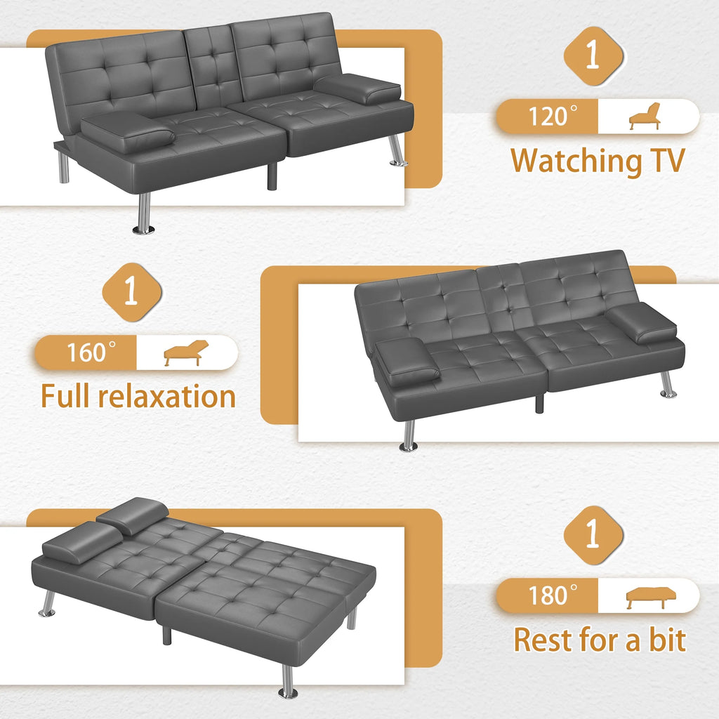 Faux Leather Convertible Futon Sofa Bed with 2 Cup Holders P9291