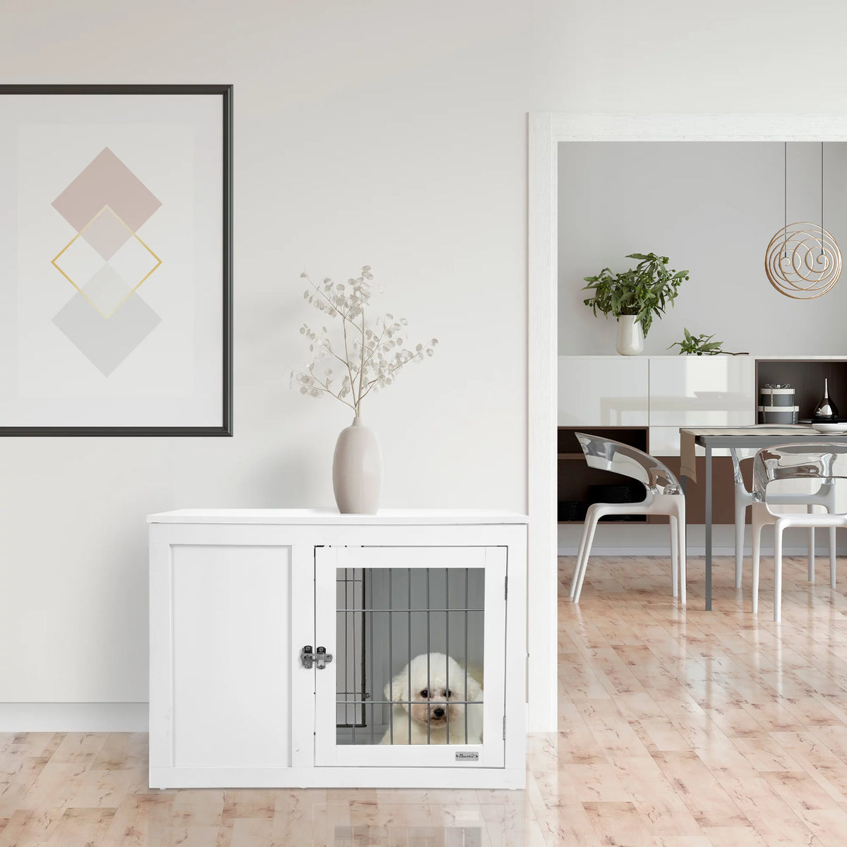 White Dog Crate Furniture End Table with Double Doors J634441