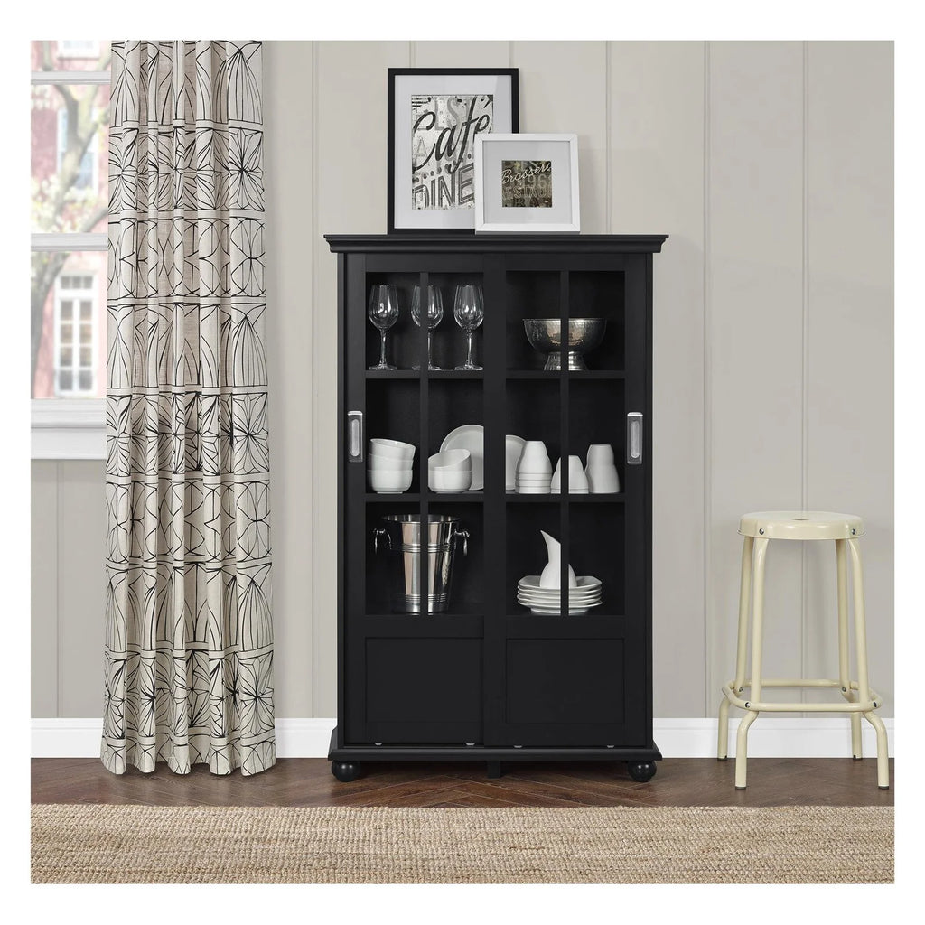 Black Bookcase with Sliding Glass Doors A406