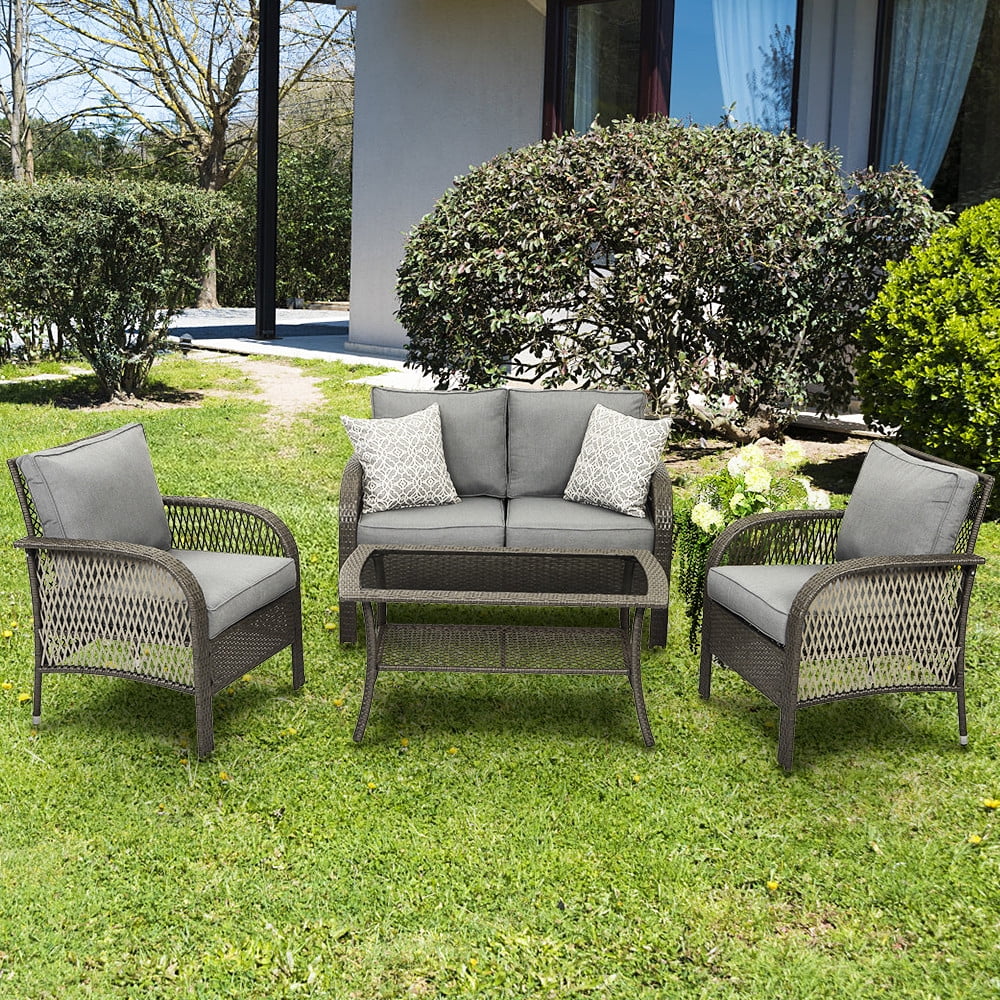 4 Pcs Patio Wicker Conversation Set with Coffee Table and Cushions R86304