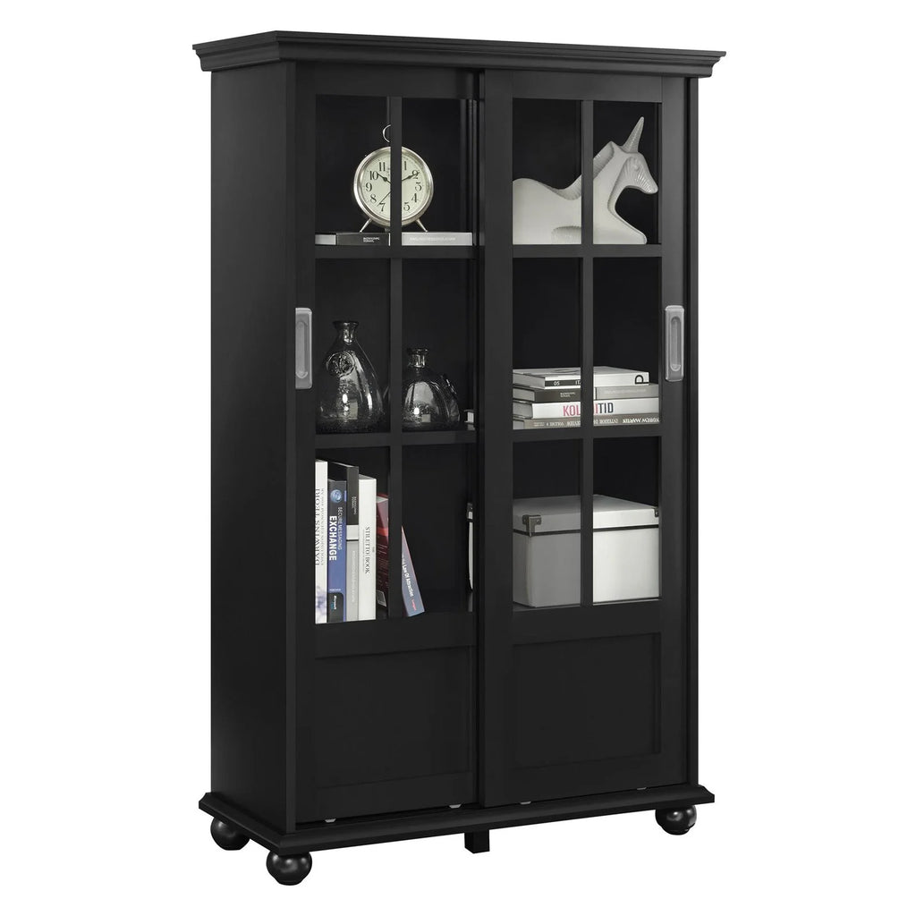 Black Bookcase with Sliding Glass Doors A406