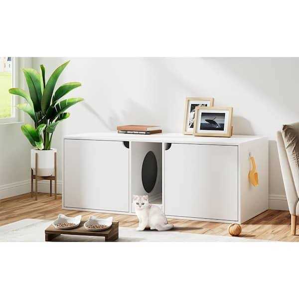 White Wood Side End Table Cat Litter Box with Double Room W128