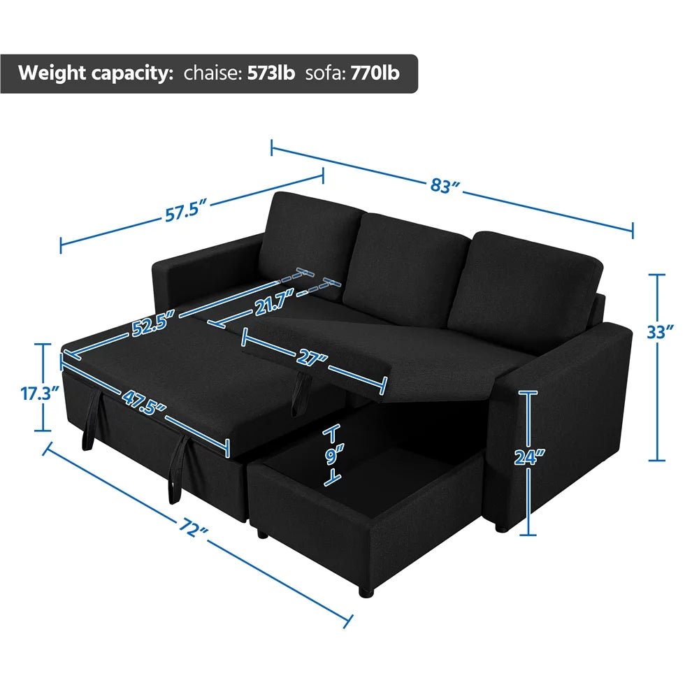 Dark Gray Reversible L-Shaped Sectional Sofa with Pull Out Bed N8868