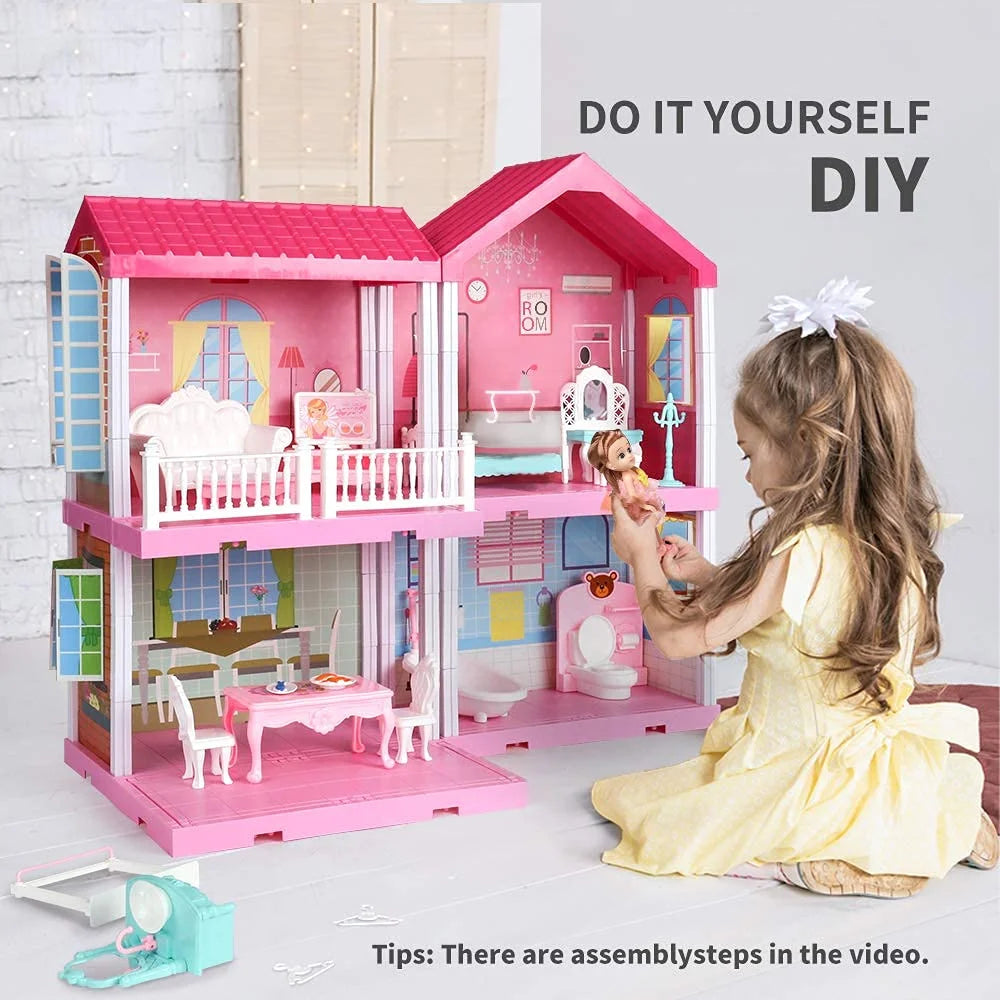 2-Story 4 Rooms Doll House with Furniture and Accessories U5241