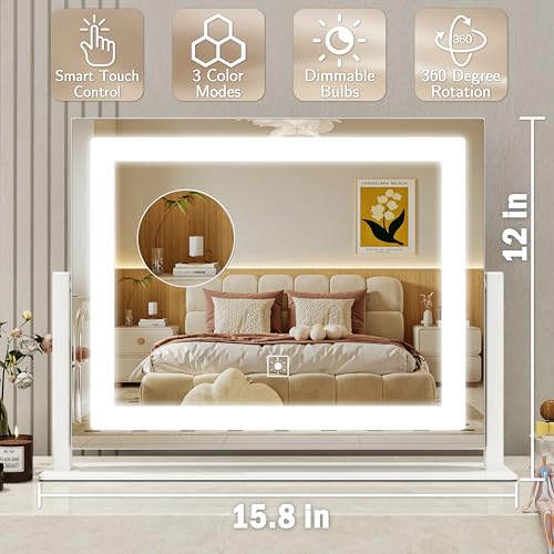 Gold Lighted Makeup Mirror, 14"x12" Vanity Mirror with Smart Touch Control, 3-Color Dimmable Lighting, 360° Rotation C687662