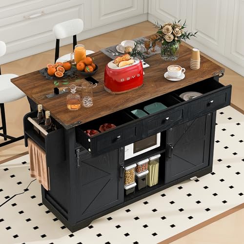White Kitchen Island with Drop Leaf, 2 Drawers, Power Outlet, Spice Rack, Rolling Cart on Wheels E39740