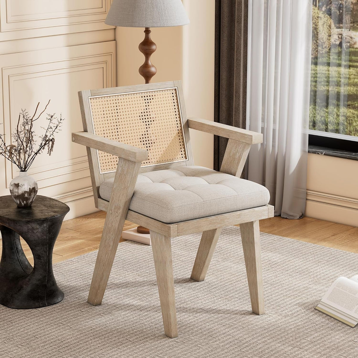 Mid Century Modern Accent Chair with Rattan Backrest and Padded Seat I96709