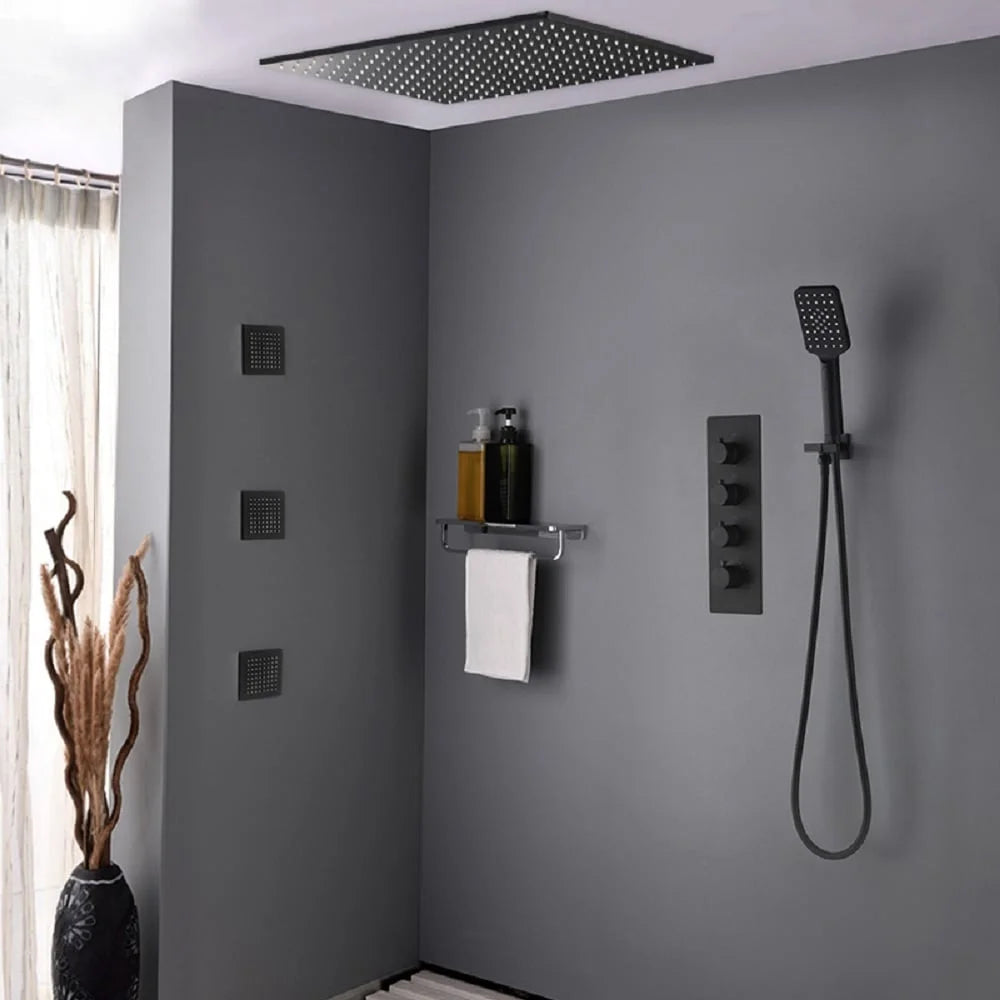 20'' Thermostatic Black Shower System with Hand Shower and 3 Body Jets H74025