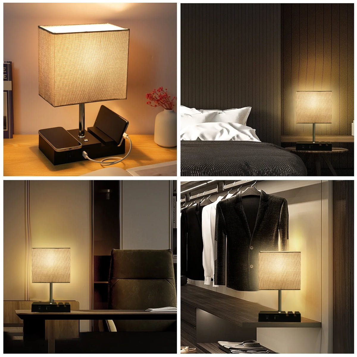 Touch Control Dimmable Bedside Table Lamp with USB C+A Ports and Grey Fabric Shade Z283869