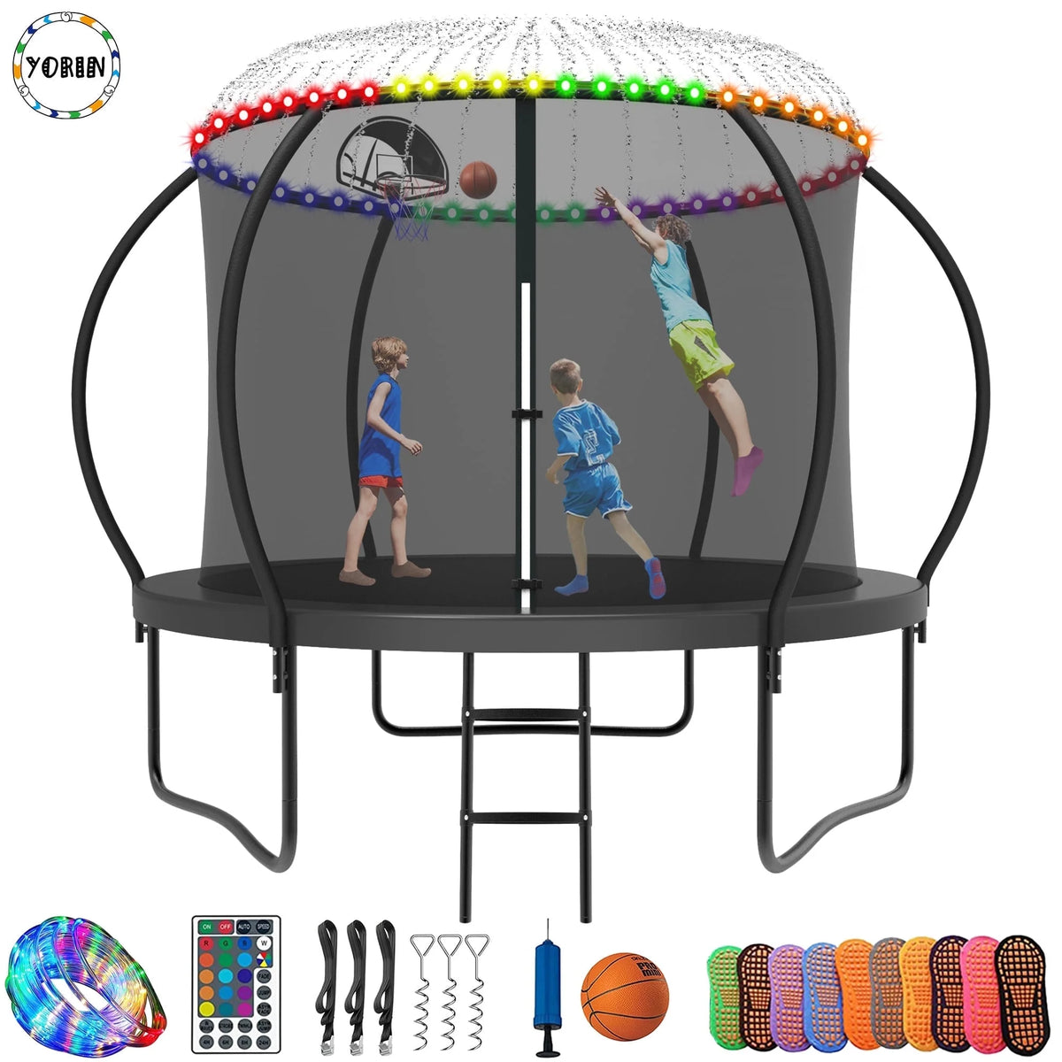 8FT Trampoline with Enclosure Net, Basketball Hoop, Ladder P53665