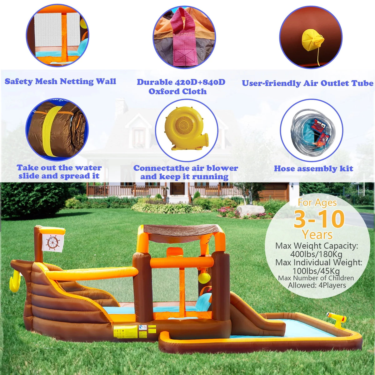 Inflatable Water Park with Splash Pool & Blower W3974