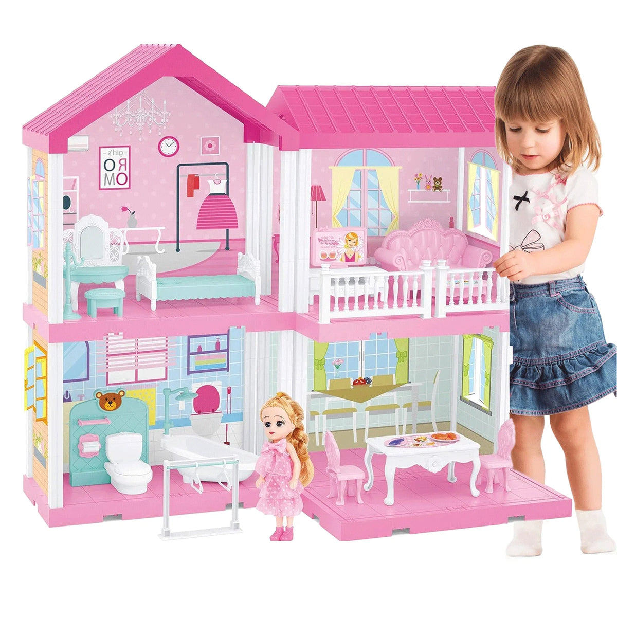 2-Story 4 Rooms Doll House with Furniture and Accessories U5241