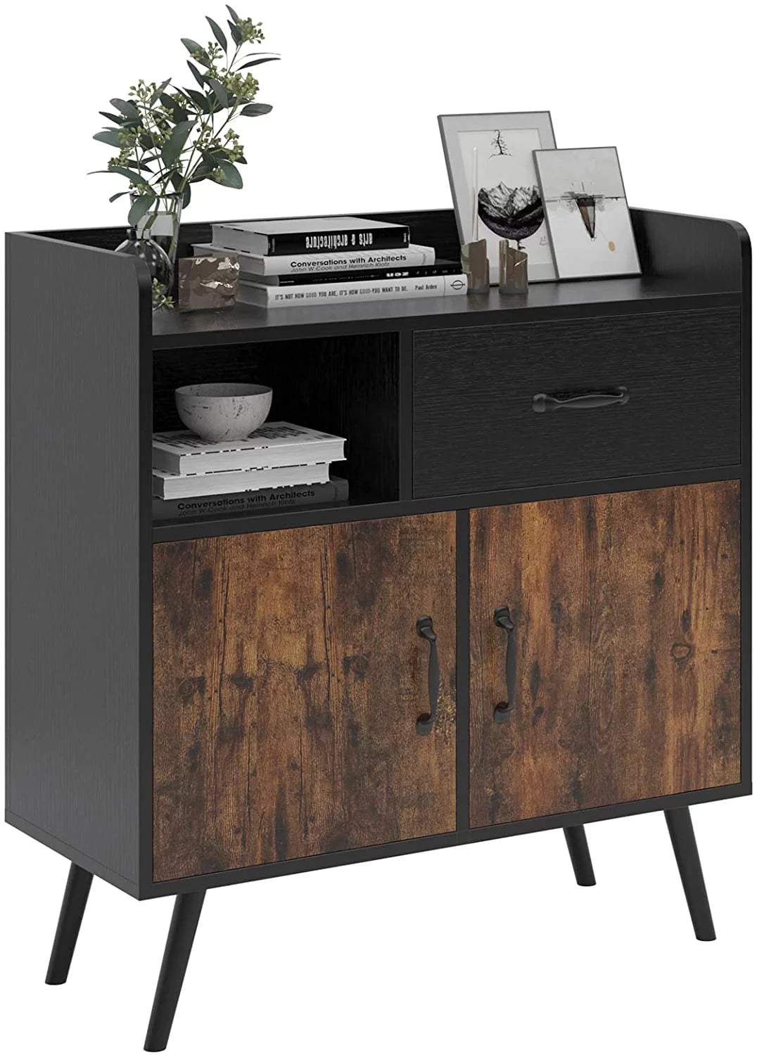 Black and Rustic Brown Wood Storage Cabinet with 1 Drawer K384