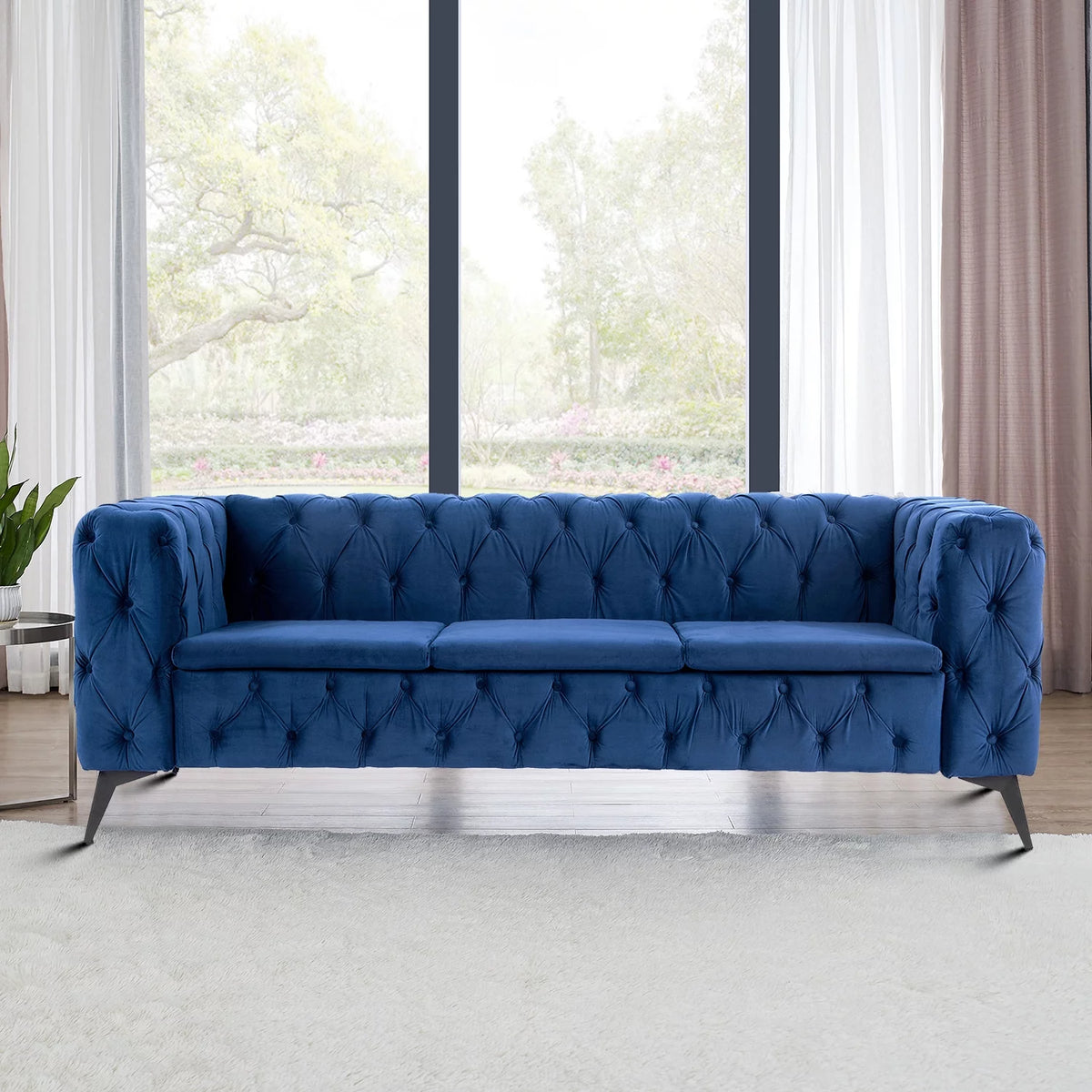 Peacock Blue Velvet Upholstered Three-seat Sofa with Metal Legs G25095