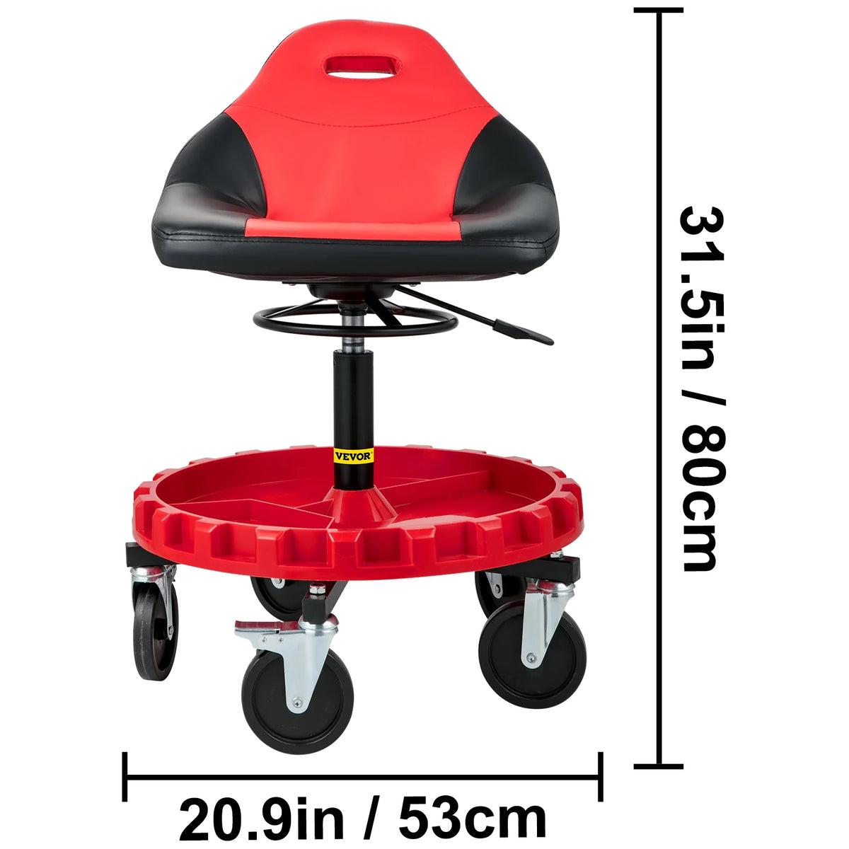 Rolling Garage Stool, 300lbs Capacity, Adjustable Height, Swivel Wheels, Tool Tray, Red U514863