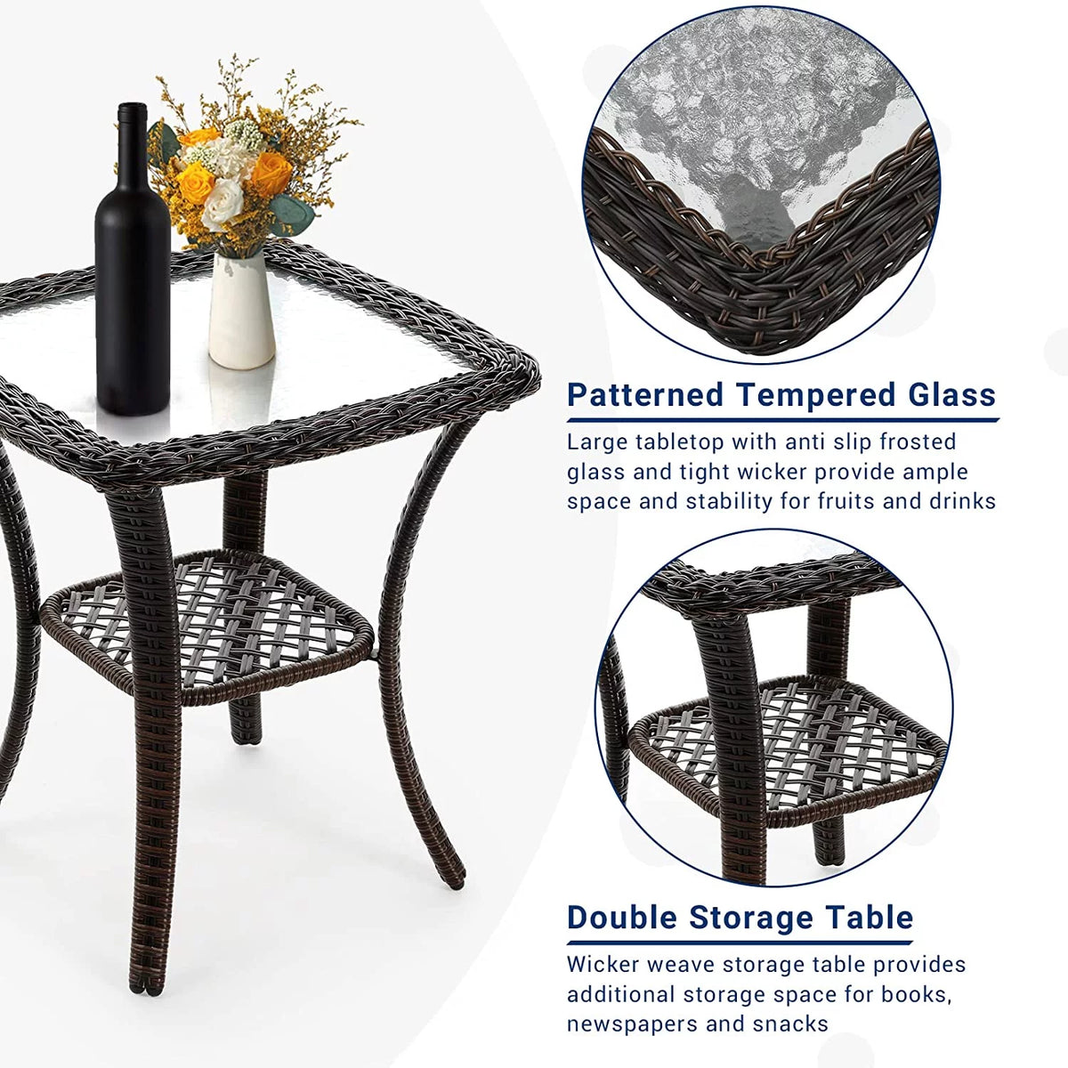 3 Pieces Patio Furniture Set with Glass Top Side Table Z2027