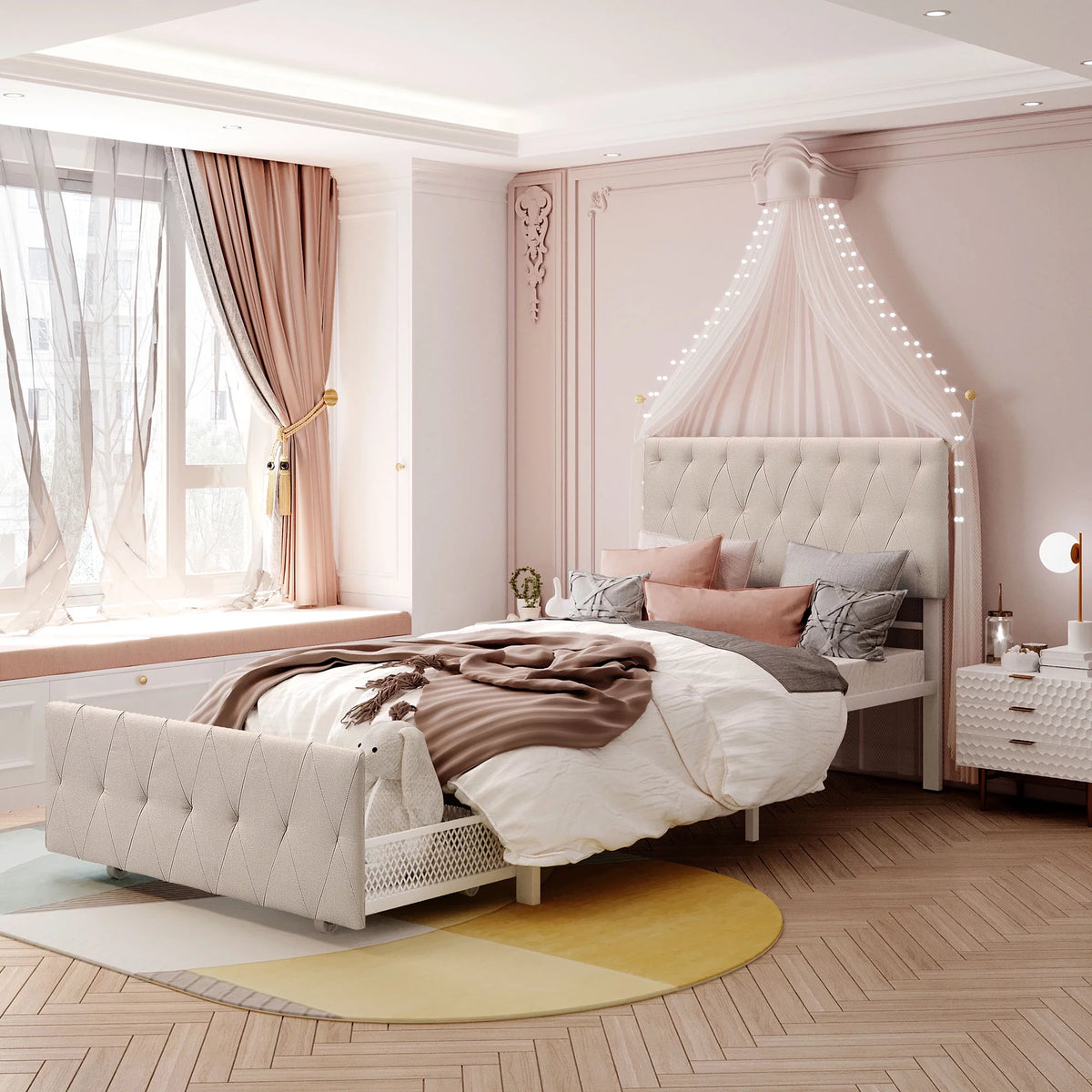 Twin Size Beige Linen Upholstered Metal Platform Bed with Storage Drawer U457