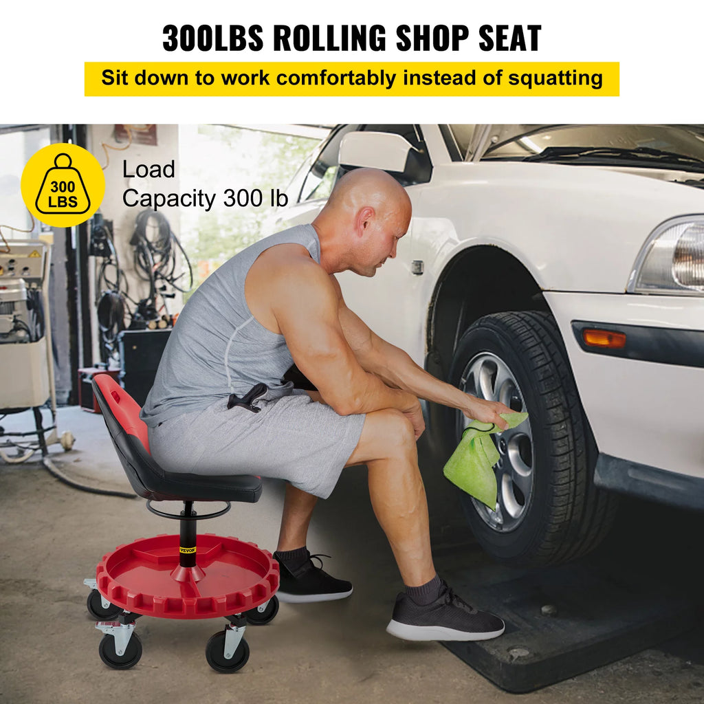 Rolling Garage Stool, 300lbs Capacity, Adjustable Height, Swivel Wheels, Tool Tray, Red U514863