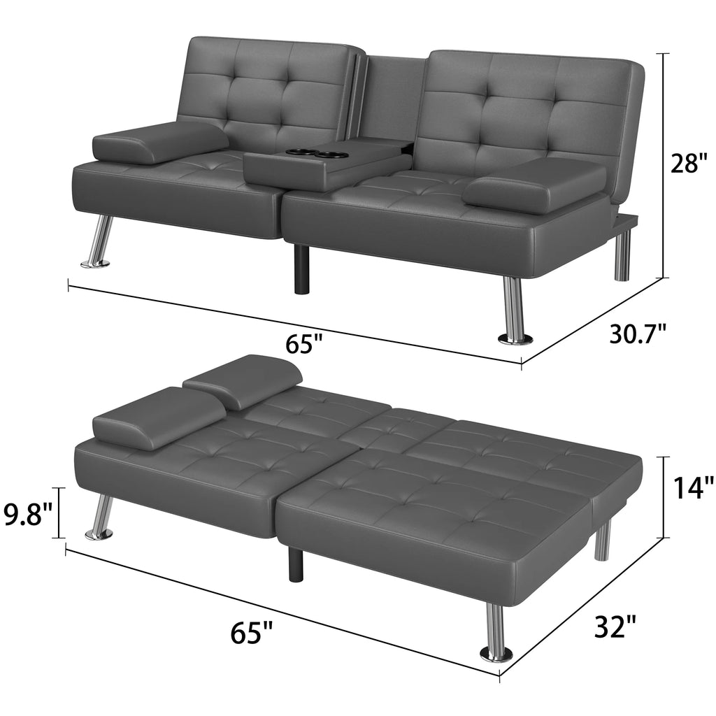 Faux Leather Convertible Futon Sofa Bed with 2 Cup Holders P9291