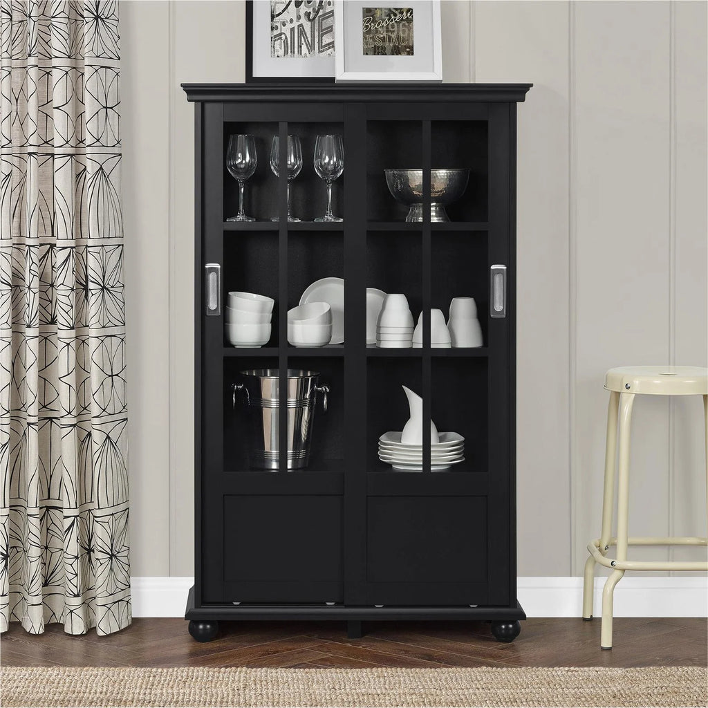 Black Bookcase with Sliding Glass Doors A406