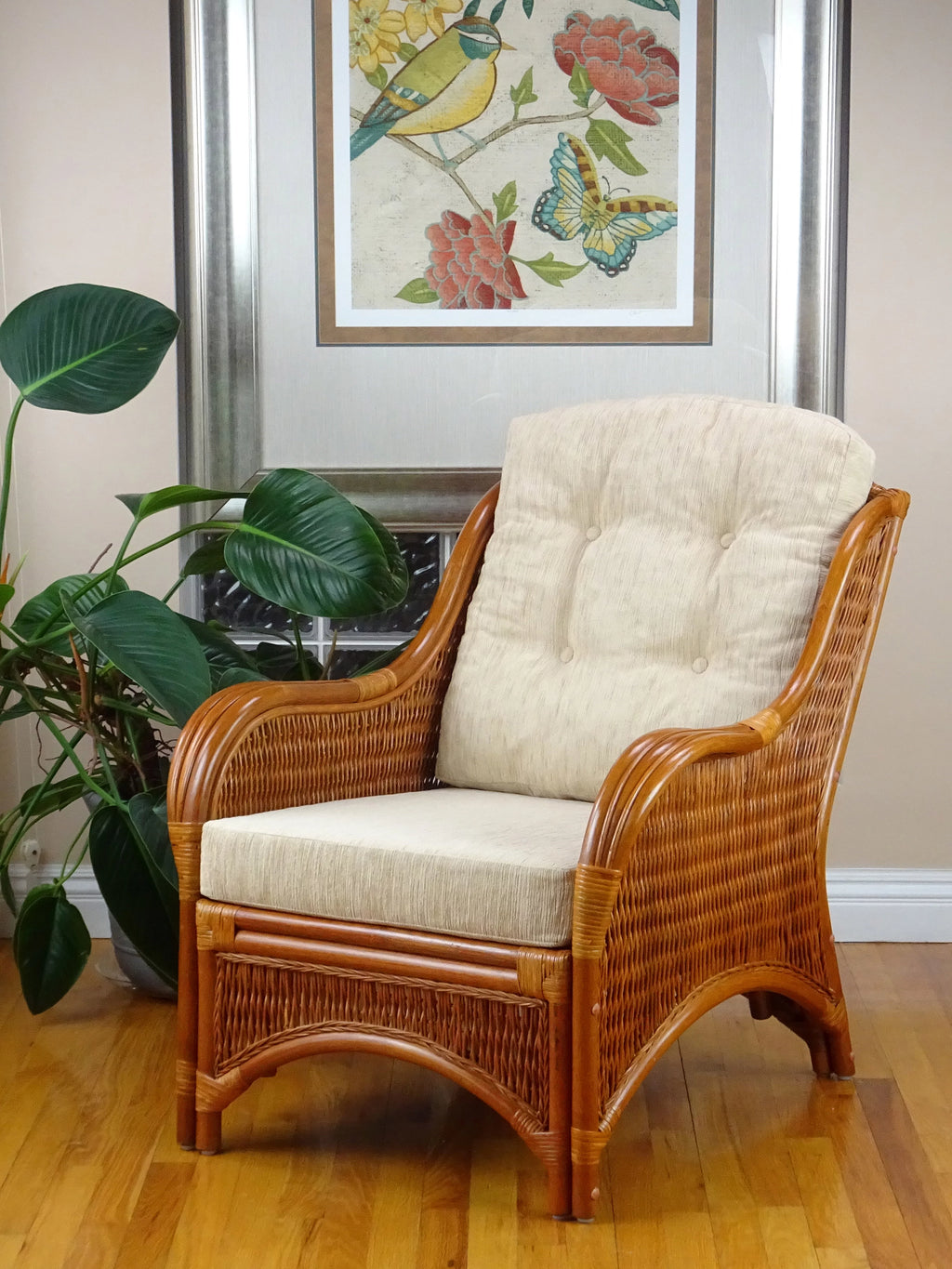 Natural Rattan Wicker Armchair with Cream Cushions S6594